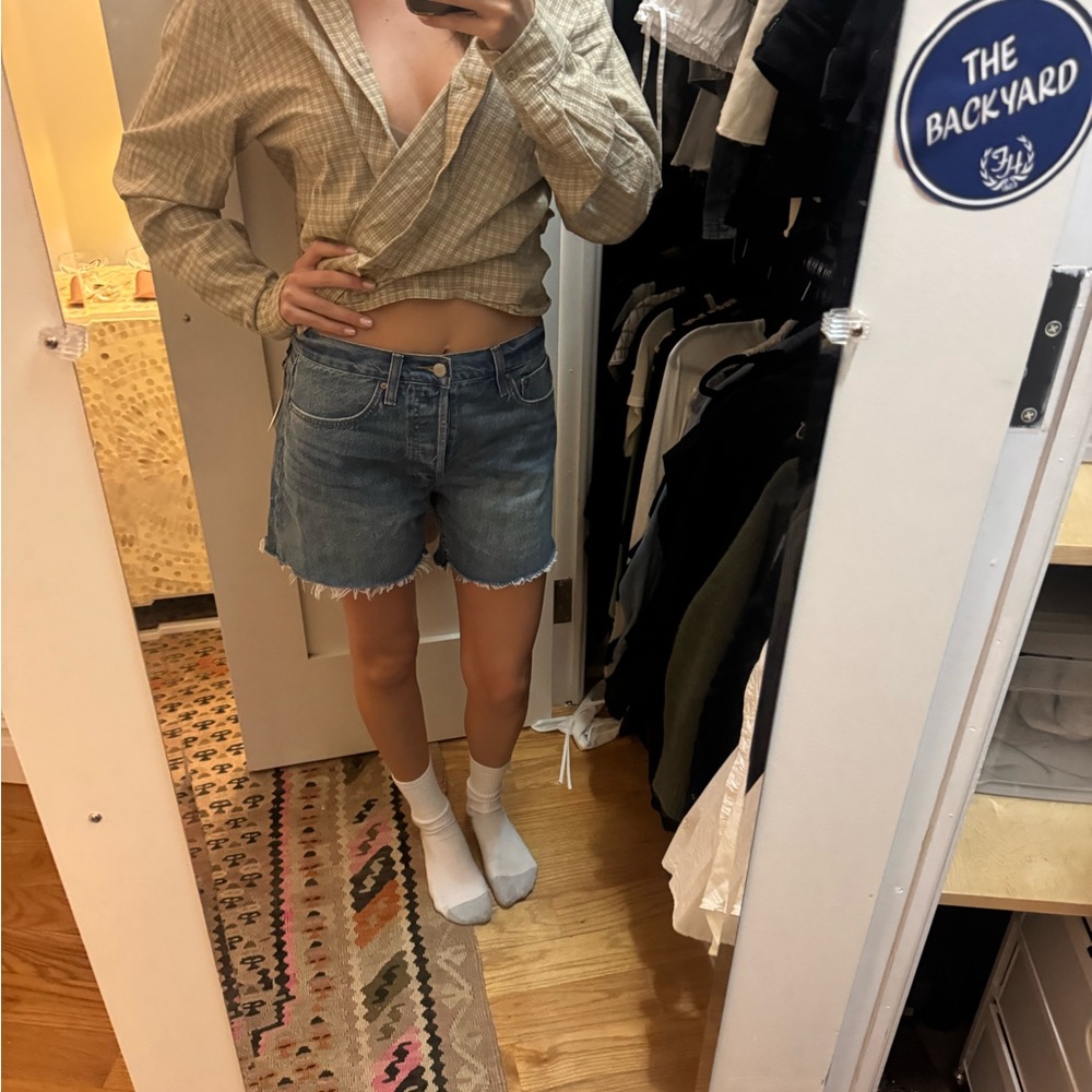 Denim Forum Light Blue Frayed-Hem Denim Shorts